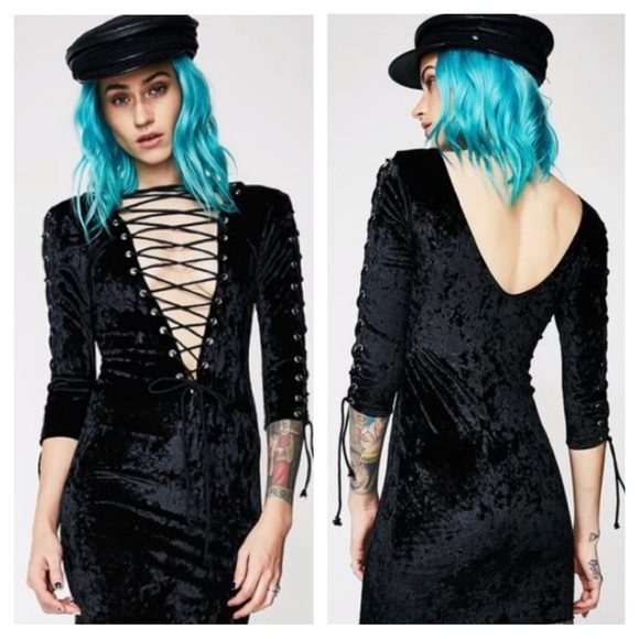 Dolls Kill Current Mood Crushed Velvet Lace Up Dress - Picture 5 of 10
